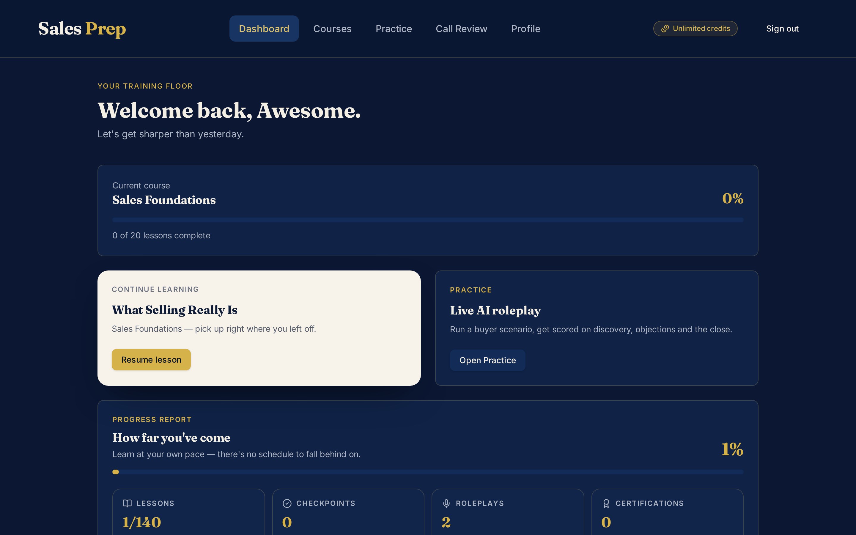 The Sales Prep dashboard with continue learning and progress stats