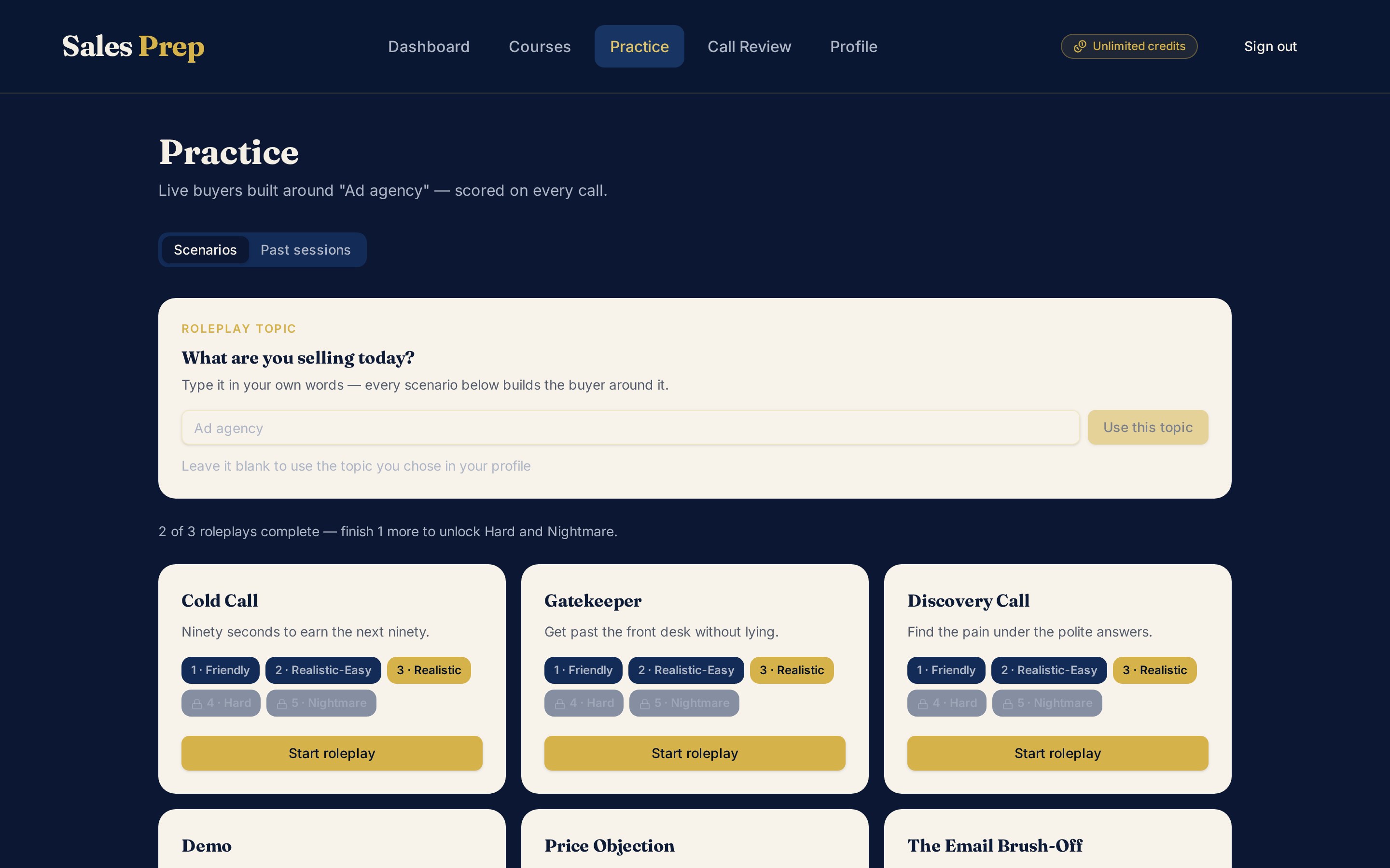Sales Prep practice page with practice call scenarios and difficulty levels