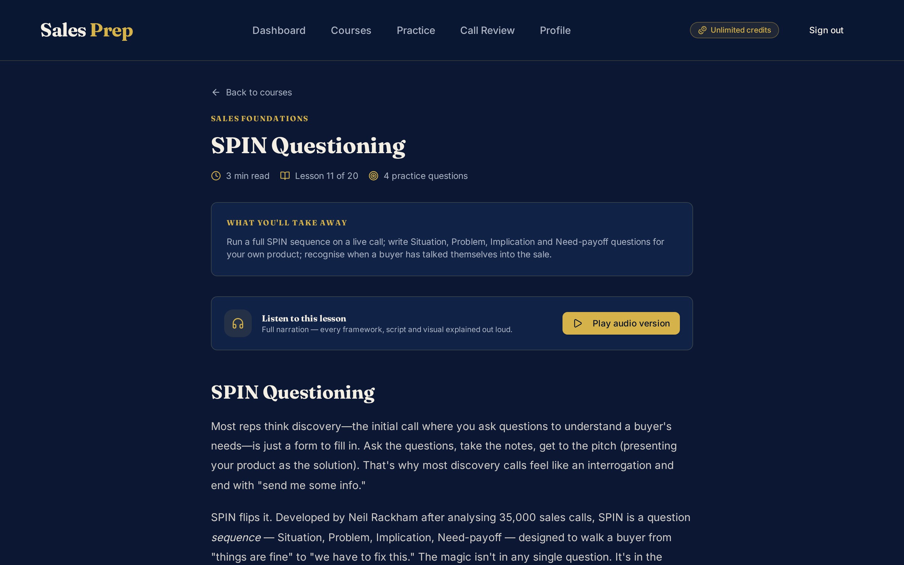 A Sales Prep lesson page for SPIN Questioning with audio narration
