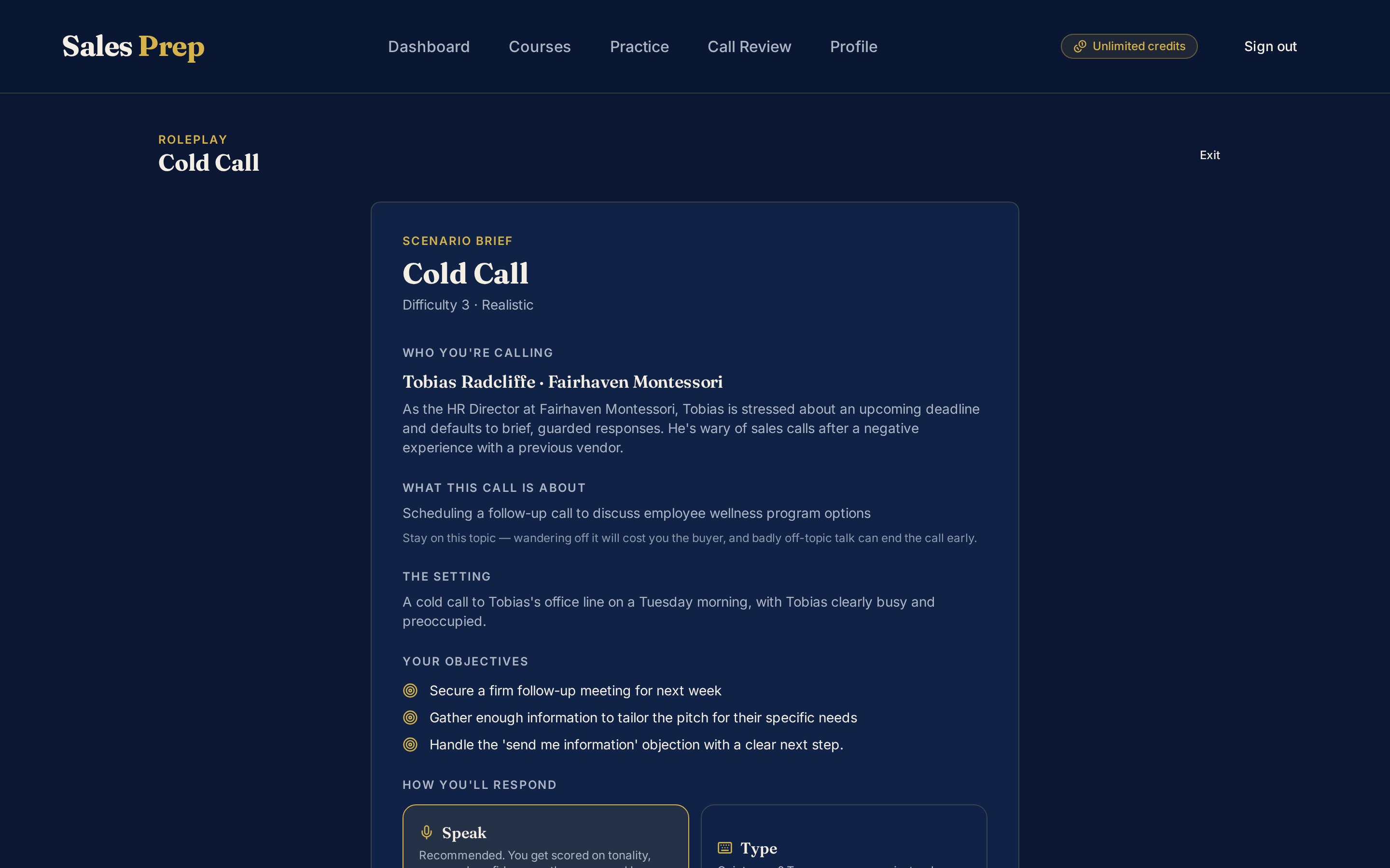 A cold call scenario brief describing the buyer, setting and objectives